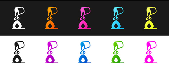 Set Water bucket extinguishing a fire icon isolated on black and white background. Vector.