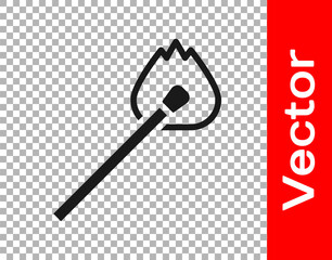 Black Burning match with fire icon isolated on transparent background. Match with fire. Matches sign. Vector.