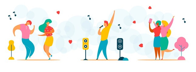 Flat cartoon characters trendy people dancing, singing