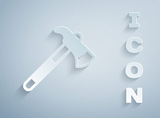 Paper cut Firefighter axe icon isolated on grey background. Fire axe. Paper art style. Vector.
