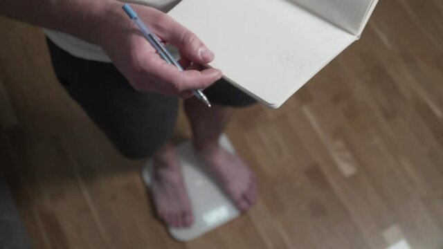 Close Up Of Slender Man Bare Legs Take Step On White Bathroom Scale The Male Checks His Weight After Training At Home Man Registers Weight And Fat Percentage On Digital Weight Healthy Lifestyle