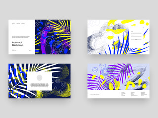 Set of backgrounds for web site. Pages design with abstract illustration. Colorful lines, spots, dypsis lutescens leaves and map texture. Eps10 vector.