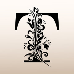 Elegant Simple monogram, letter T. Creative logo. Line art design. Branch with leaves. Vintage Emblem. Drawn Template for Book Design, Restaurant, Wedding, Boutique, Invitation. Vector illustration