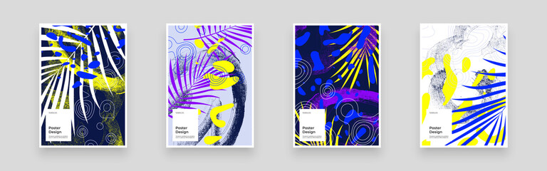 Abstract set Placards, Posters, Flyers, Banner Designs. Colorful lines, spots, dypsis lutescens leaves and map texture. Decorative wallpaper, backdrop. Hand drawn texture, flow elements and shapes.