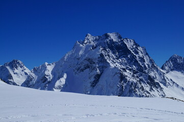 mountain landscape, forest, snow, skiing, stones, rocks