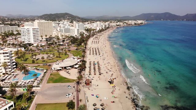 Aerial View of Cala Millor Beachfront Mallorca Island Summer Holiday Destination on Mediterranean Sea, Drone Shot