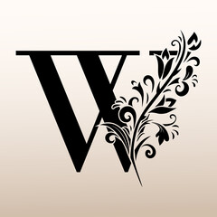 Elegant Simple monogram, letter W. Creative logo. Line art design. Branch with leaves. Vintage Emblem. Drawn Template for Book Design, Restaurant, Wedding, Boutique, Invitation. Vector illustration