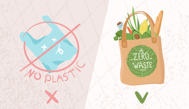 Pollution problem concept. Say no to plastic bags, bring your own textile bag. Cartoon style image. A call to stop using the disposable polythene bag. Flat vector illustration