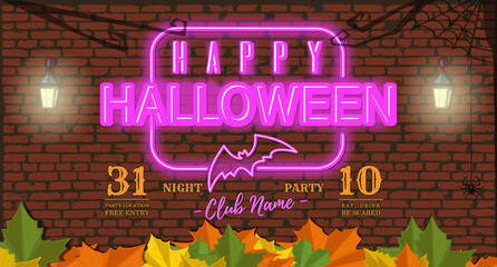 Welcome to Halloween night party. Invitation card. Party in a night club. Neon inscription on a brick wall background. Vector illustration