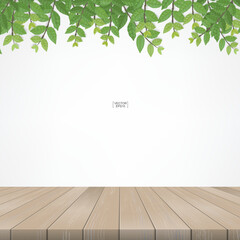 Wooden terrace with framing of green leaves and green natural area. With white area for copy space. Vector.