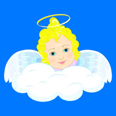 Religion. A angel child with Golden curls and wings . A halo over your head. Clouds on a blue background. Illustration