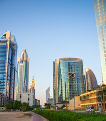 Dubai Financial Center road. Landmarks such Jumeirah Emirates towers, Ritz Carlton, Park towers, DIFC on the picture.