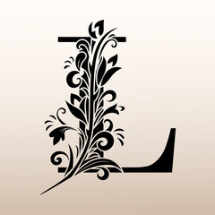 Elegant Simple monogram, letter L. Creative logo. Line art design. Branch with leaves. Vintage Emblem. Drawn Template for Book Design, Restaurant, Wedding, Boutique, Invitation. Vector illustration