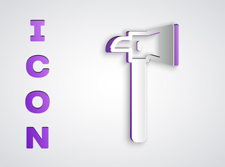 Paper cut Firefighter axe icon isolated on grey background. Fire axe. Paper art style. Vector.