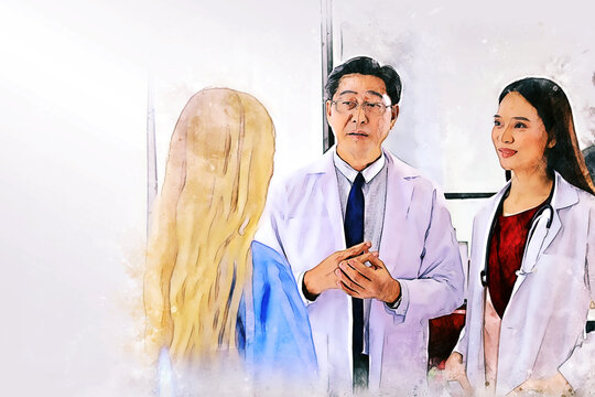 Abstract happiness teamwork doctor talking and discuss in hospital on watercolor illustration painting background.