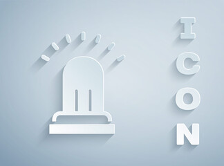 Paper cut Ringing alarm bell icon isolated on grey background. Fire alarm system. Service bell, handbell sign, notification symbol. Paper art style. Vector.