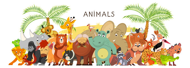 Large group of animals in cartoon flat style stand together. World fauna. Vector illustration - obrazy, fototapety, plakaty