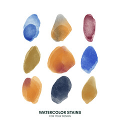 Set of colorful watercolor hand painted round shapes, stains, circles, blobs isolated on white. Illustration for artistic design