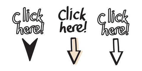 hand drawn click here with arrow vector illustration. Sticker set for social media, web, video, poster, print and card.