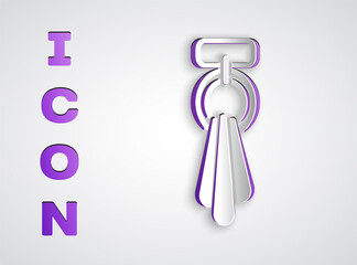 Paper cut Towel on a hanger icon isolated on grey background. Bathroom towel icon. Paper art style. Vector.