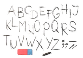 Hand written letters, alphabet, graphite stick and eraser isolated on white background 