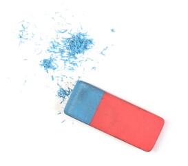 Pencil tip shavings with eraser isolated on white background, top view