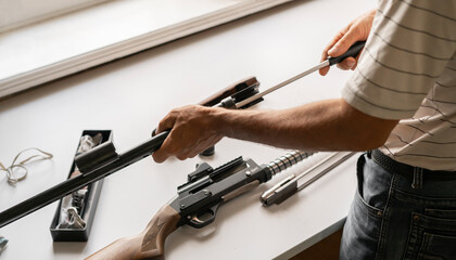 man's hands holding rifle parts details and cleaning the gun - obrazy, fototapety, plakaty