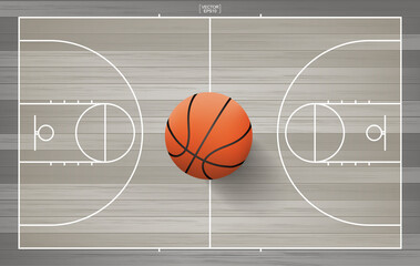 Basketball ball in basketball court area. With wooden pattern background. Vector.