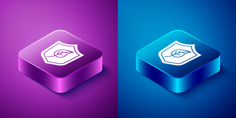 Isometric Shield with leaf icon isolated on blue and purple background. Eco-friendly security shield with leaf. Square button. Vector.