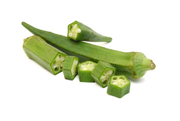Fresh raw okra isolated on white background, horizontal with copy space