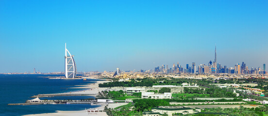 Dubai city skyline and famous Jumeirah beach, Dubai, United Arab Emirates