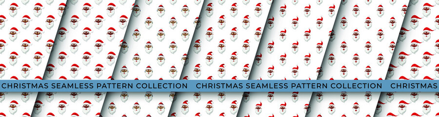 Merry Christmas and Happy New Year Collection of 7 seamless patterns. Set of winter holiday backgrounds. Black Santa Claus