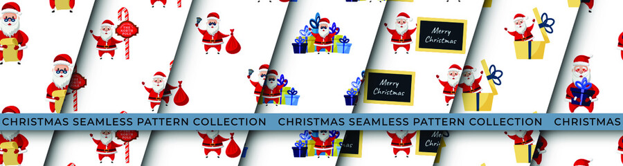 Set of 7 Seamless colorful Christmas Winter Holidays Seamless Endless Patterns. Santa Claus