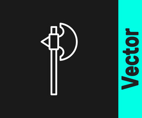 White line Medieval axe icon isolated on black background. Battle axe, executioner axe. Medieval weapon. Vector.