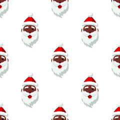 Cute happy black Santa Claus winks Seamless Pattern, Cartoon Christmas Background, Vector Illustration