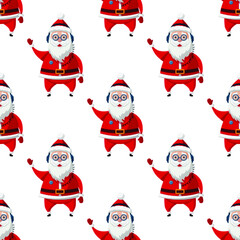 Seamless pattern for Christmas holiday with Santa Claus. Hipster Santa with earphones and glasses. Childish background. Vector Illustration