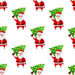Seamless pattern for Christmas holiday with Santa Claus and Christmas tree. Childish background. Vector Illustration on transparent background