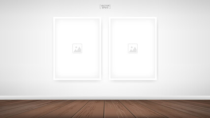 Empty photo frame or picture frame background in wooden room space background. For room design and interior decoration. Vector.