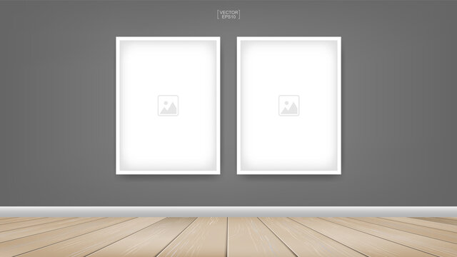 Empty photo frame or picture frame background in wooden room space background. For room design and interior decoration. Vector.