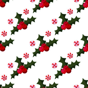 Seamless pattern for Christmas holiday with holly berries and pepermint candy. Childish background. Vector Illustration on transparent background