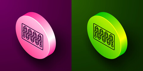 Isometric line Board game icon isolated on purple and green background. Circle button. Vector.