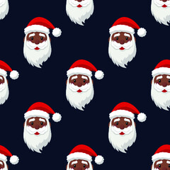 Seamless pattern for Christmas. Cute cartoon Black Santa Claus. Vector Illustration on dark blue background