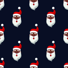 Seamless pattern for Christmas. Happy Black Santa Claus. Vector Illustration on dark blue background