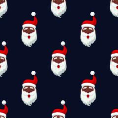 Seamless pattern for Christmas. Happy Black Santa Claus. Vector Illustration on dark blue background