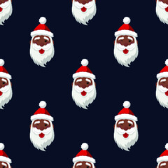 Seamless pattern for Christmas. Black Santa Claus winks. Vector Illustration on dark blue background