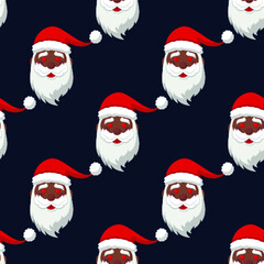Seamless pattern for Christmas. Black Santa Claus with love symbol in eyes. Vector Illustration on dark blue background