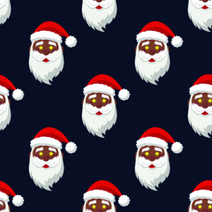 Seamless pattern for Christmas. Black Santa Claus with star symbol in eyes. Vector Illustration on dark blue background