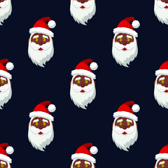 Seamless pattern for Christmas. Black Santa Claus with dollar symbol in eyes. Vector Illustration on dark blue background