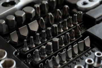 macro view of the toolbox with kit of screwdrivers, manual steel tools