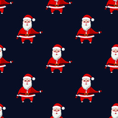 Seamless pattern for Christmas holiday with happy cartoon Santa Claus. Childish background. Vector Illustration on dark blue background
